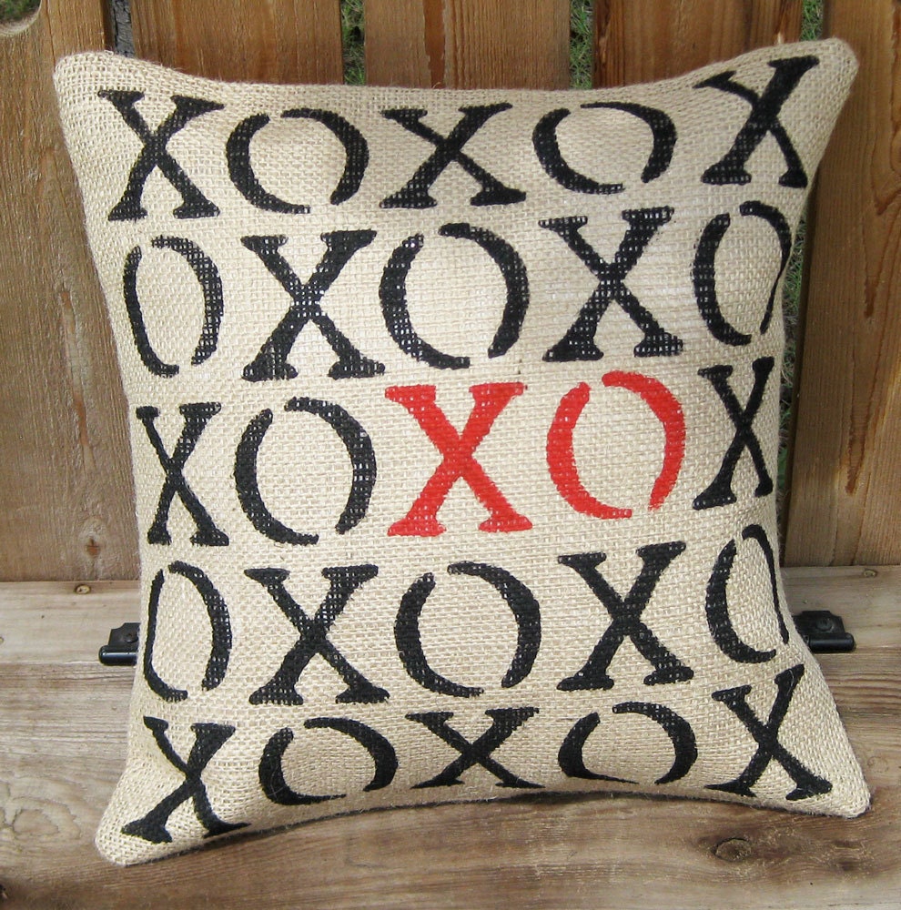 XOXO Wedding Engagement Valentine Pillow Cover Slip Home Decor Hand Stenciled Burlap Love