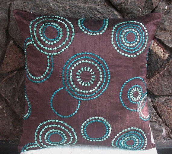 Brown throw pillow embroidered w/ teal blue and aqua blue circles 18 inch cushion cover