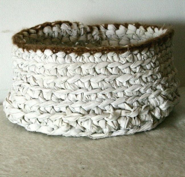 Eco friendly basket  - White rag crochet bowl