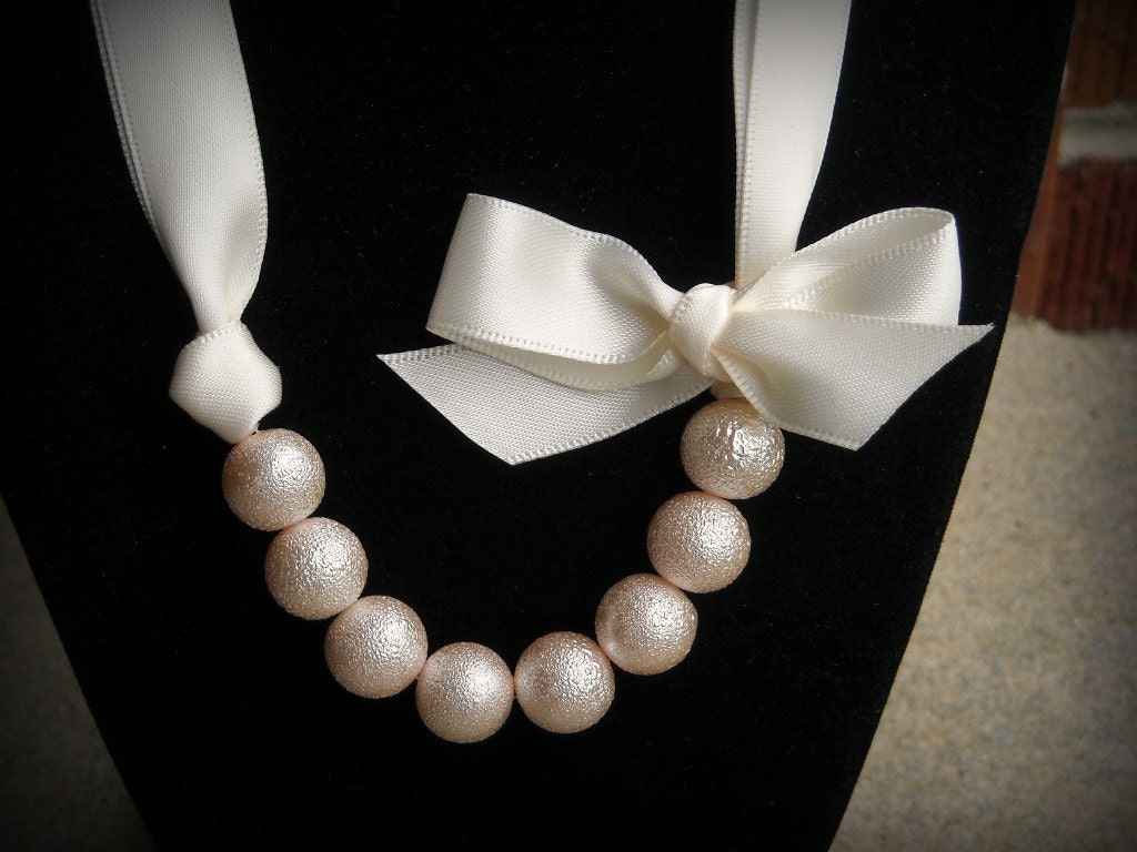 Light Pink and Cream Ribbon Satin necklace with glass pearls and bow