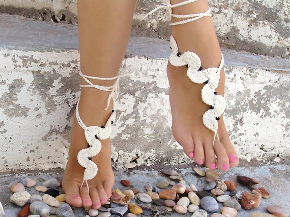 Barefoot sandals, crochet, wavy cream nude shoes, wedding, victorian lace, sexy,  yoga, anklet , beach pool