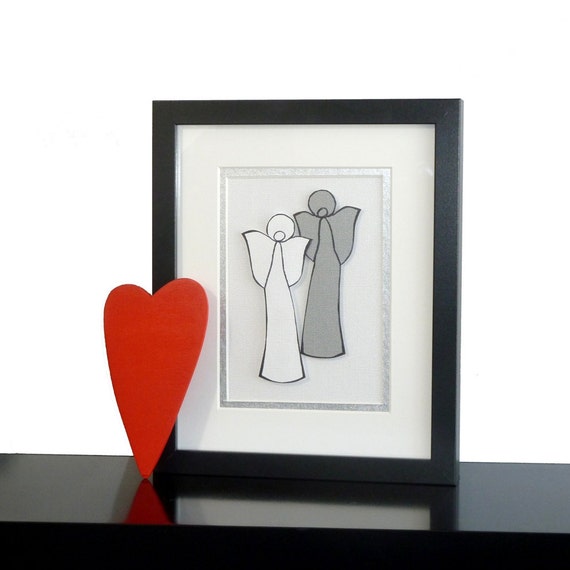 Framed Handmade Gift Paper Angel Couple White & Silver