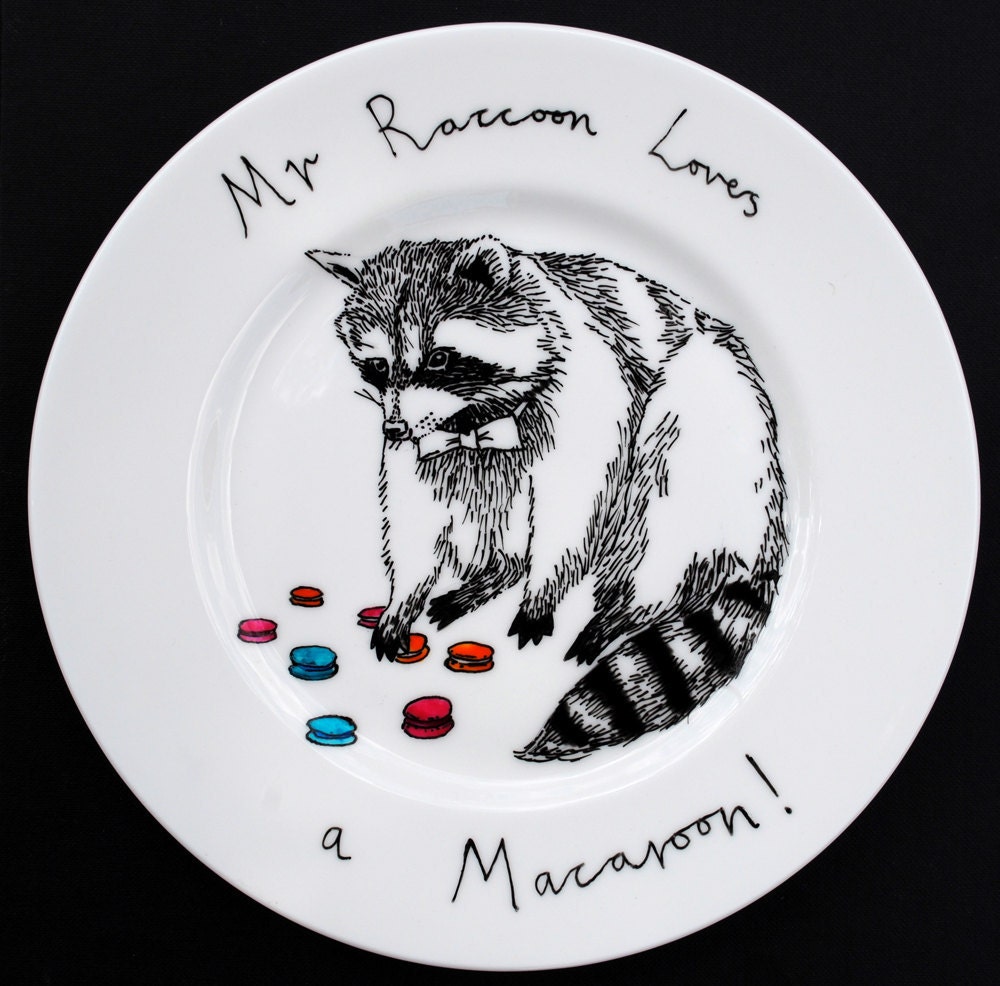 Hand Painted Side Plate - Mr Raccoon loves a Macaroon