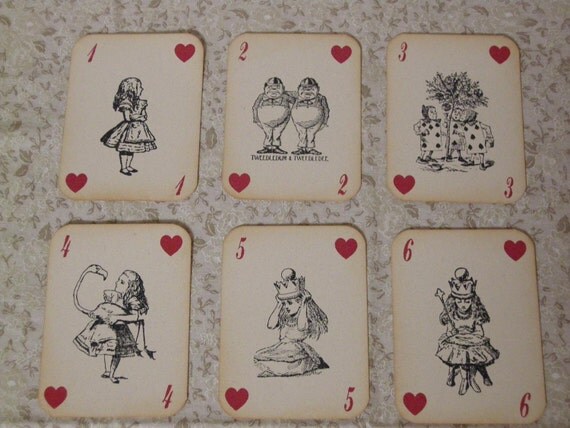 Alice in Wonderland Playing Cards - ephemera, vintage style, shabby chic style, red queen, heart, white rabbit, mad hatter, cheshire cat