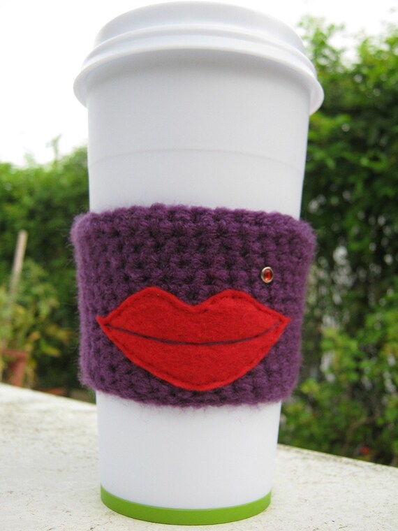 Fancy Lips Purple Coffee Cozy with Swarovski Crystal by PinkFrog4U from etsy.com