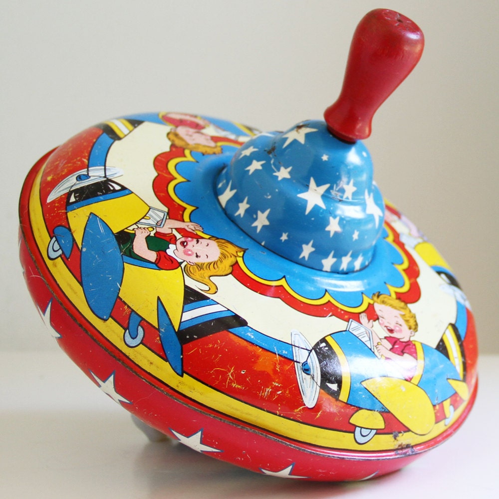 Vintage Ohio Art Tin Spinning Top, Kids in Airplanes - 1940's