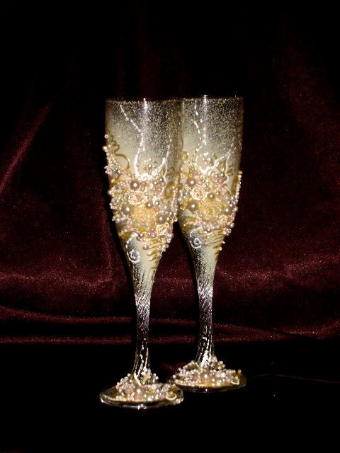 Hand decorated wedding champagne glasses elegant toasting flutes in ivory