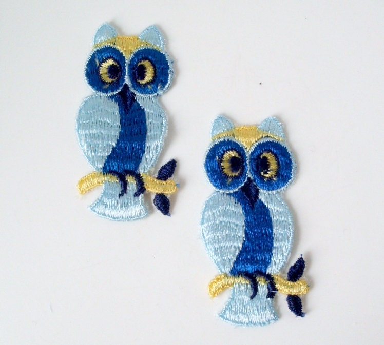 Vintage Embroidered Owl Sew On Patches (Blue and Yellow) Set of 2