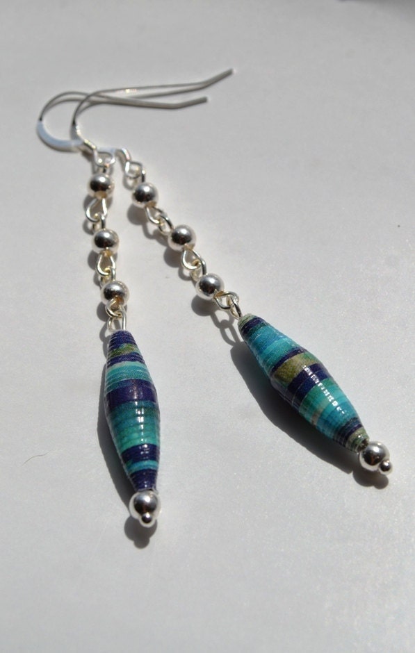 Paper Bead and Sterling Silver Long Dangle Earrings