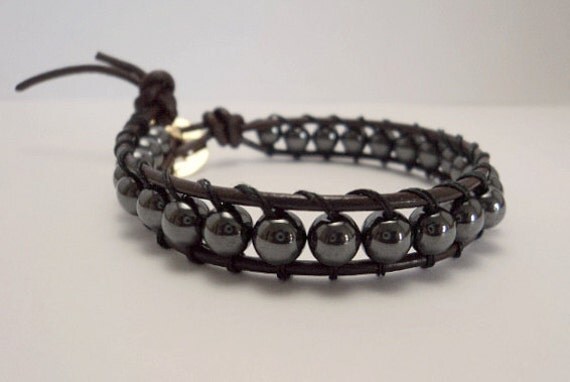 Leather Bracelet - Single Wrap Obsidian Rounds