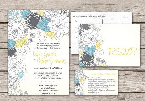 Wedding Invitation and RSVP customize modern floweral design yellow and