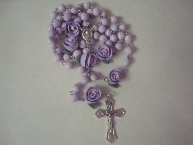 Purple clay bead and rose rosary
