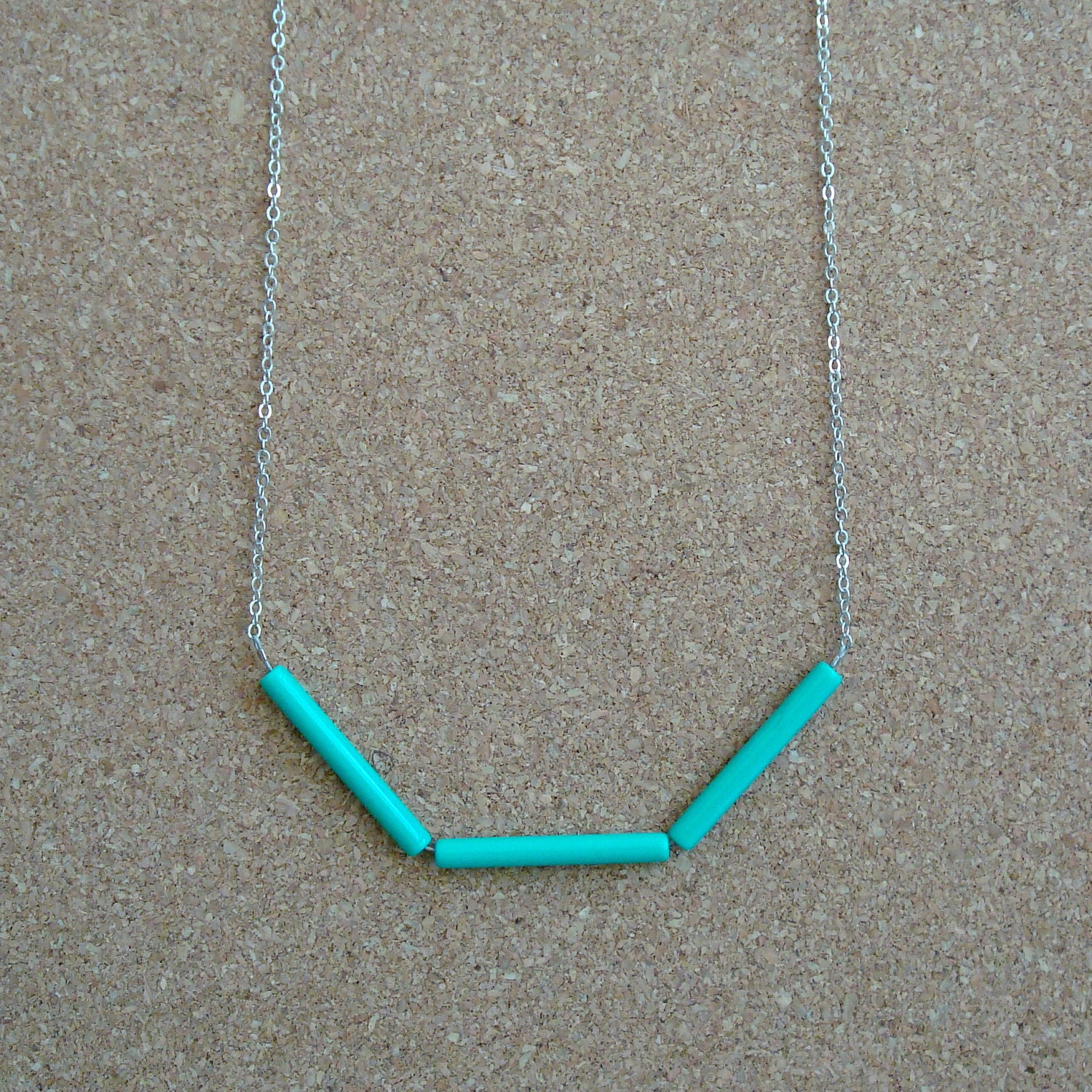 Silver Plated Chain Necklace w/ Vintage Turquoise Green Acrylic Tube Beads (26")
