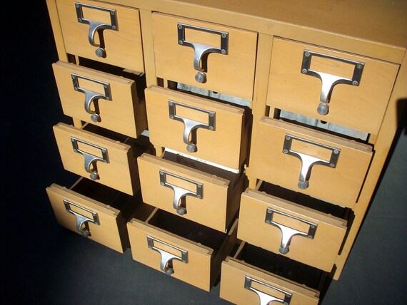 Vintage Library Card Catalogue Drawers File with 12 Drawers / Office