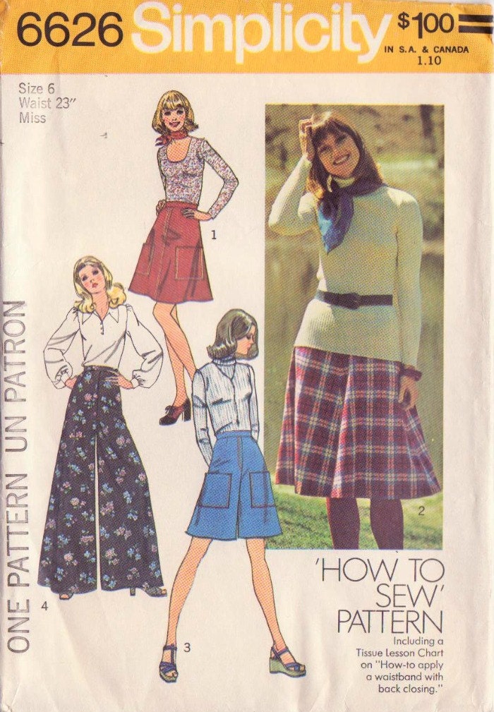 1970s Vintage Simplicity Skirt and Pants Sewing Pattern-Size 6