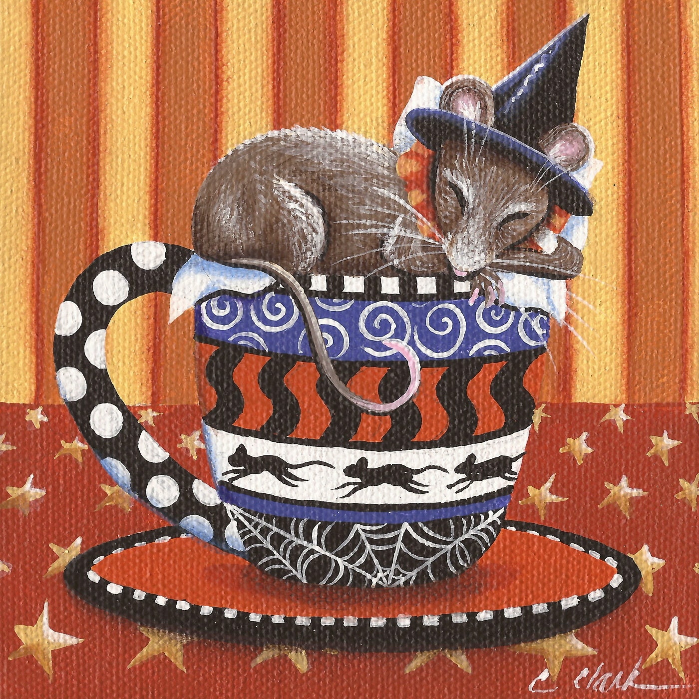 Sleepy - 6 x 6 Print of Original Acrylic Halloween Mouse Painting by Carolee Clark