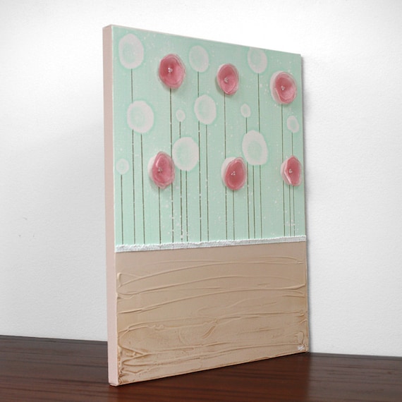 Цветочный Живопись - текстурированный холст, акрил - MEDIUM 16x20 - Mint Green, Tan, Pink Декор Детская