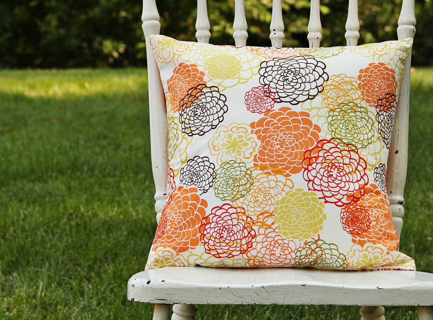 Throw Pillow Cover Orange Blossom Orange Brown Yellow Floral Explosion 16 x 16 Handmade by Willow Whimsy