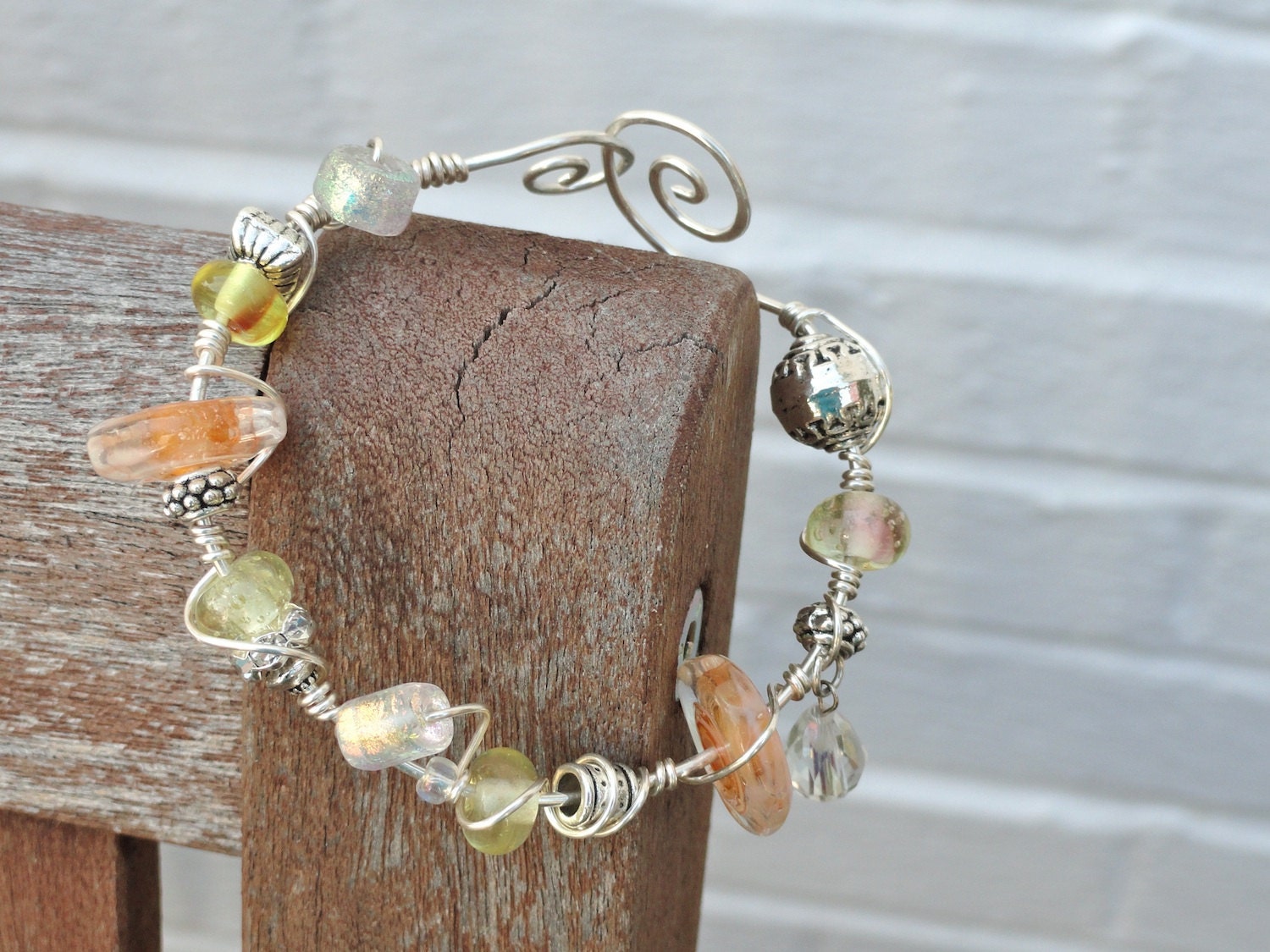 Drops of Sunshine Yellow Orange Lampwork and Dichroic Bead Wire Wrapped Bracelet