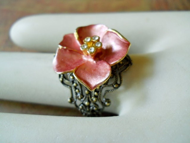 Pink Flower and Fancy Antiqued Brass Ring