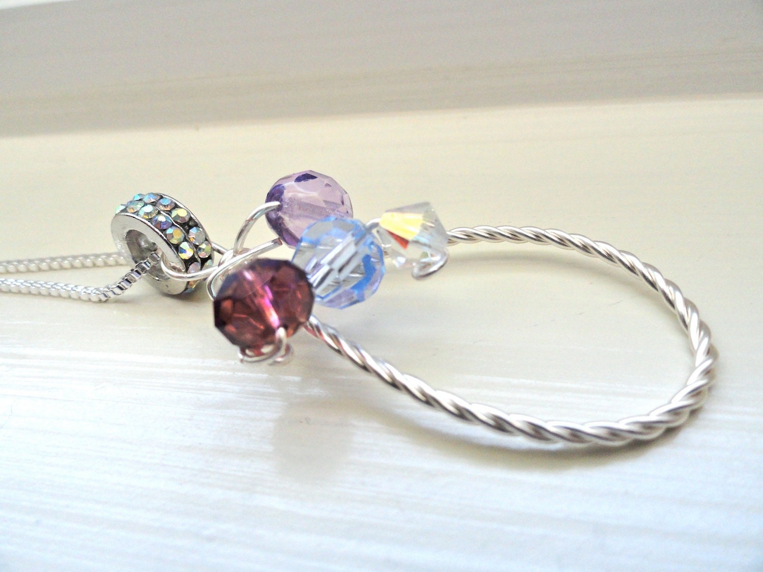 Twisted Purple Violet Blue Pendant Wire Wrapped With Swarovski Crystal