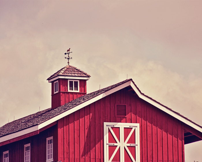 Red Barn at High Noon - 16x20 Fine Art Photography Print - Rustic Country Midwest Farm in Kansas with Weather Vane Home Decor Photo