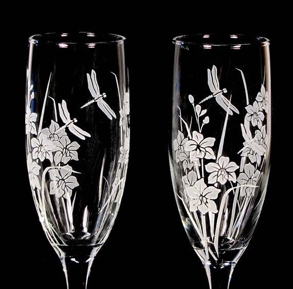 Orchid Wedding Toasting Flutes Etched Glass with Dragonfly