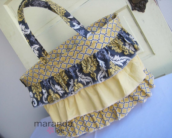 SALE READY to SHIP Damask Granite Ruffle Kate Large Tote  by maranda lee