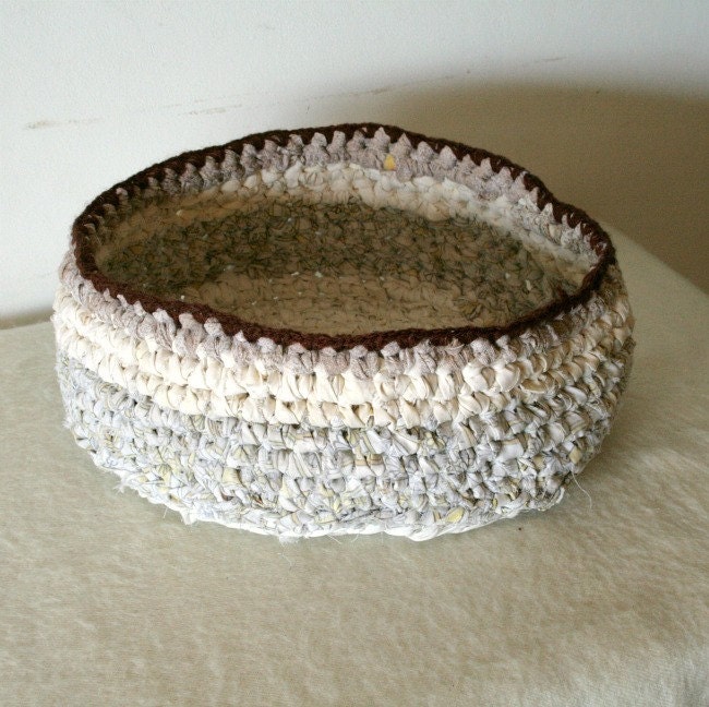 Neutral basket - upcycled big rag crochet in  white, cream, off white with brown top