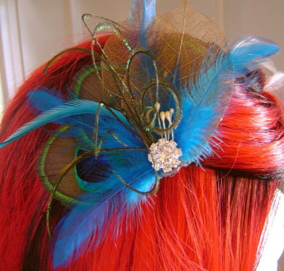 DENISE Jeweled Bridal Peacock Feather in Malibu Blue and Copper Skeleton 