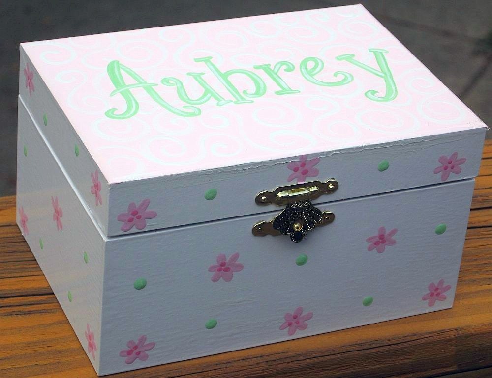 Ballerina jewelry box, green pink, hand painted, personalized
