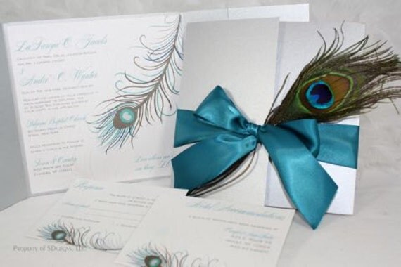 Peacock Wedding Invitations Silver and Teal From SDezigns
