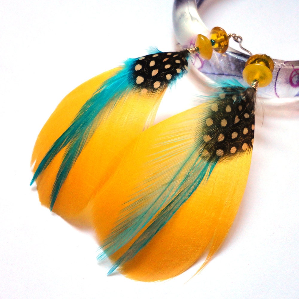 Canary Yellow and Turquoise Feather Earrings. Yellow Feather Earrings. Colorful Feather Earrings