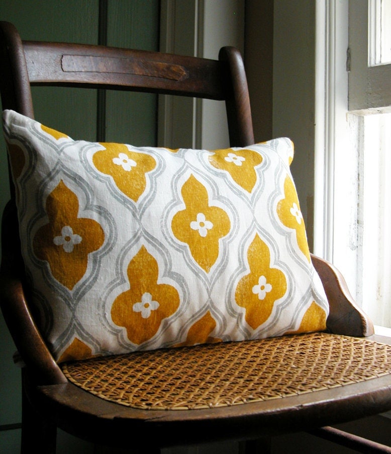 gray and yellow ochre ogee on white linen lumbar pillow case