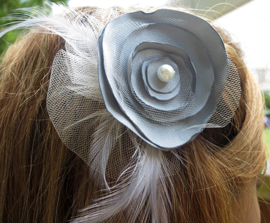Layered Gray & White Tulle Satin Flower Hair Clip