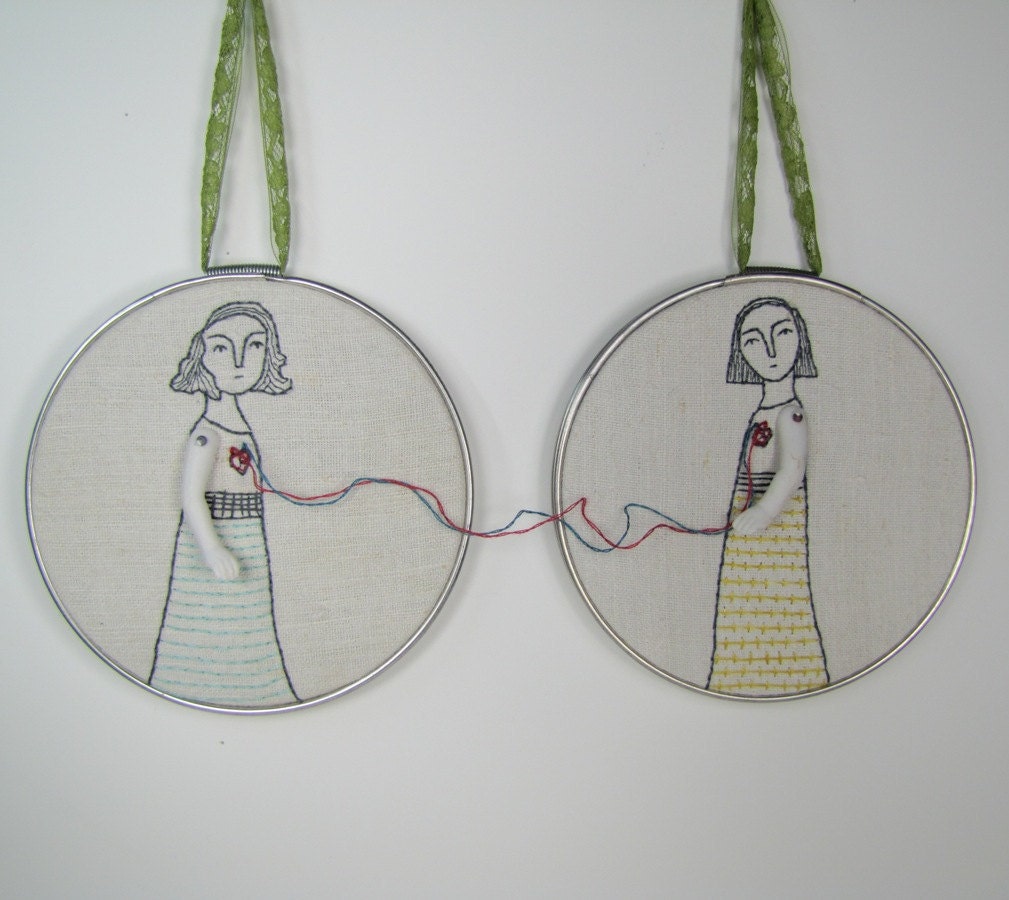 hand embroidery hoop art-connection no.4 in yellow and aqua