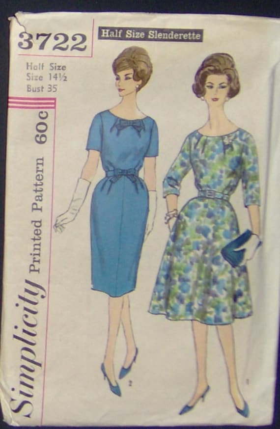 Vintage 1960's Misses' Simplicity Sewing Pattern 3722 Size 14 and a half - Woman's One piece dress Slenderette