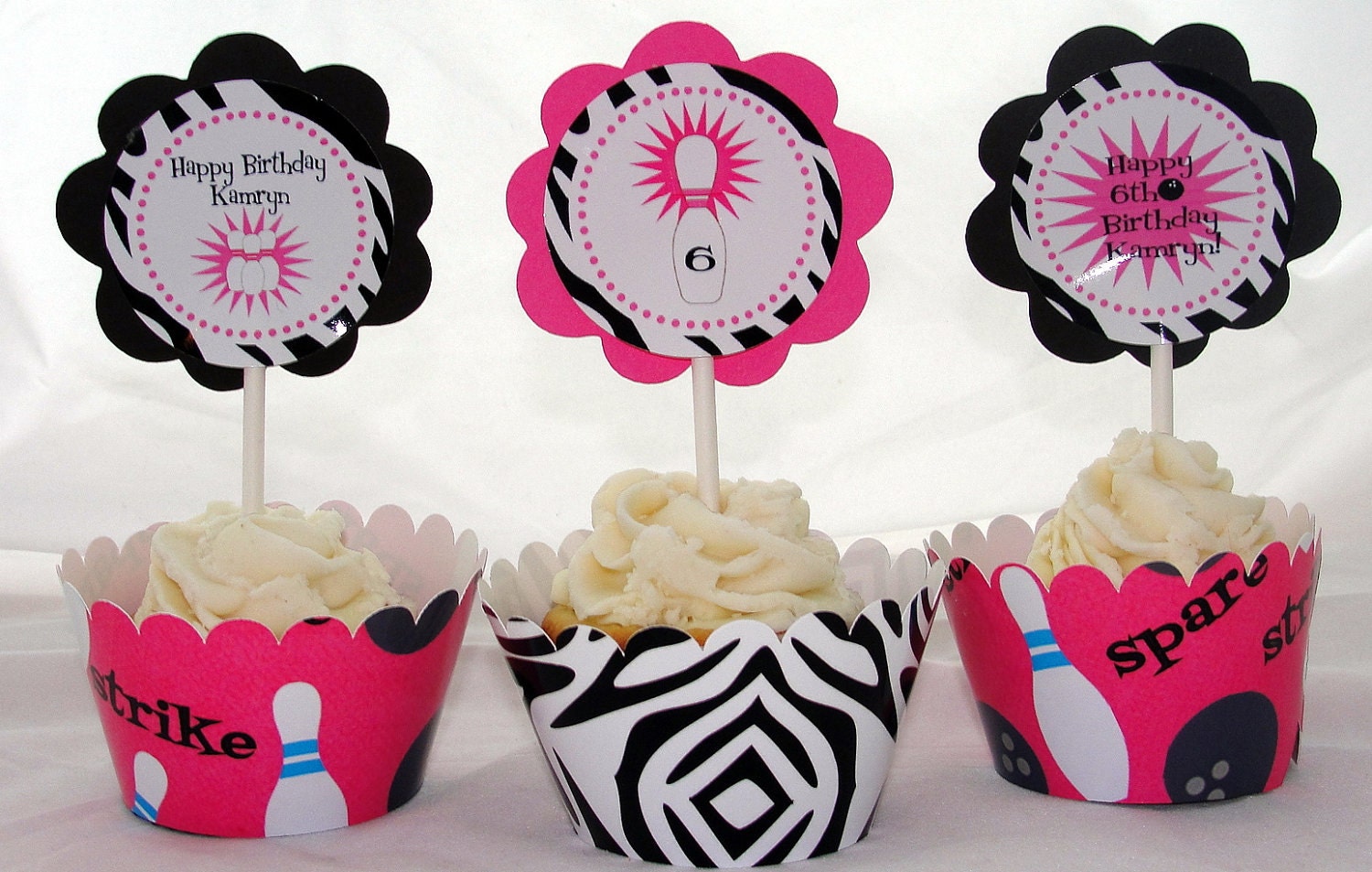 Zebra and Pink Bowling cupcake Kit for Girl Bowling Birthday Party