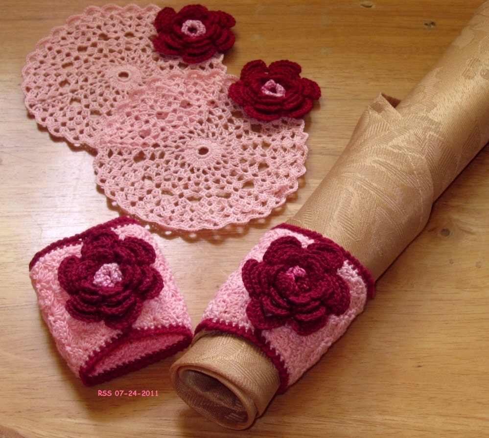 Crocheted Lace Coaster Doily & Napkin Ring Set with 3D Burgundy Roses on Pink, Flower Decor, Romantic, Thread Crochet Art