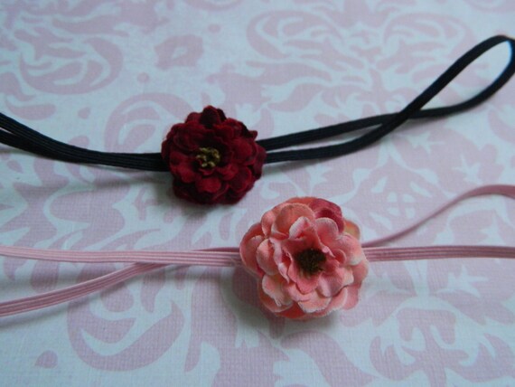 Baby Headband - Set of 2- Petite Pom Rose Flowers on Skinny Headband - Pink and Burgundy Red Flower - IRENE COLLECTION