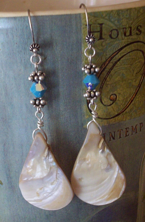 Sale 30% Off-Unique large Shell Teardrop and Swarovski Crystal Earrings