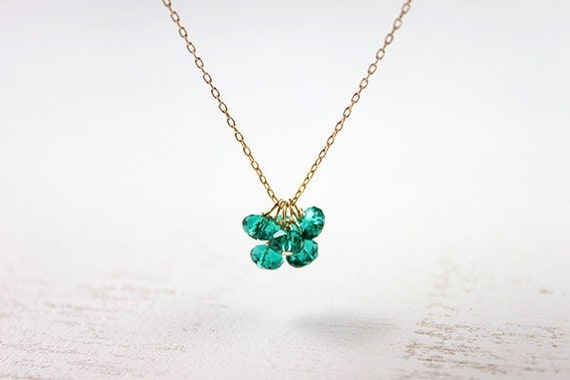 Green Crystal Necklace - Cluster emerald swarovski 14k gold filled jewelry by petitor