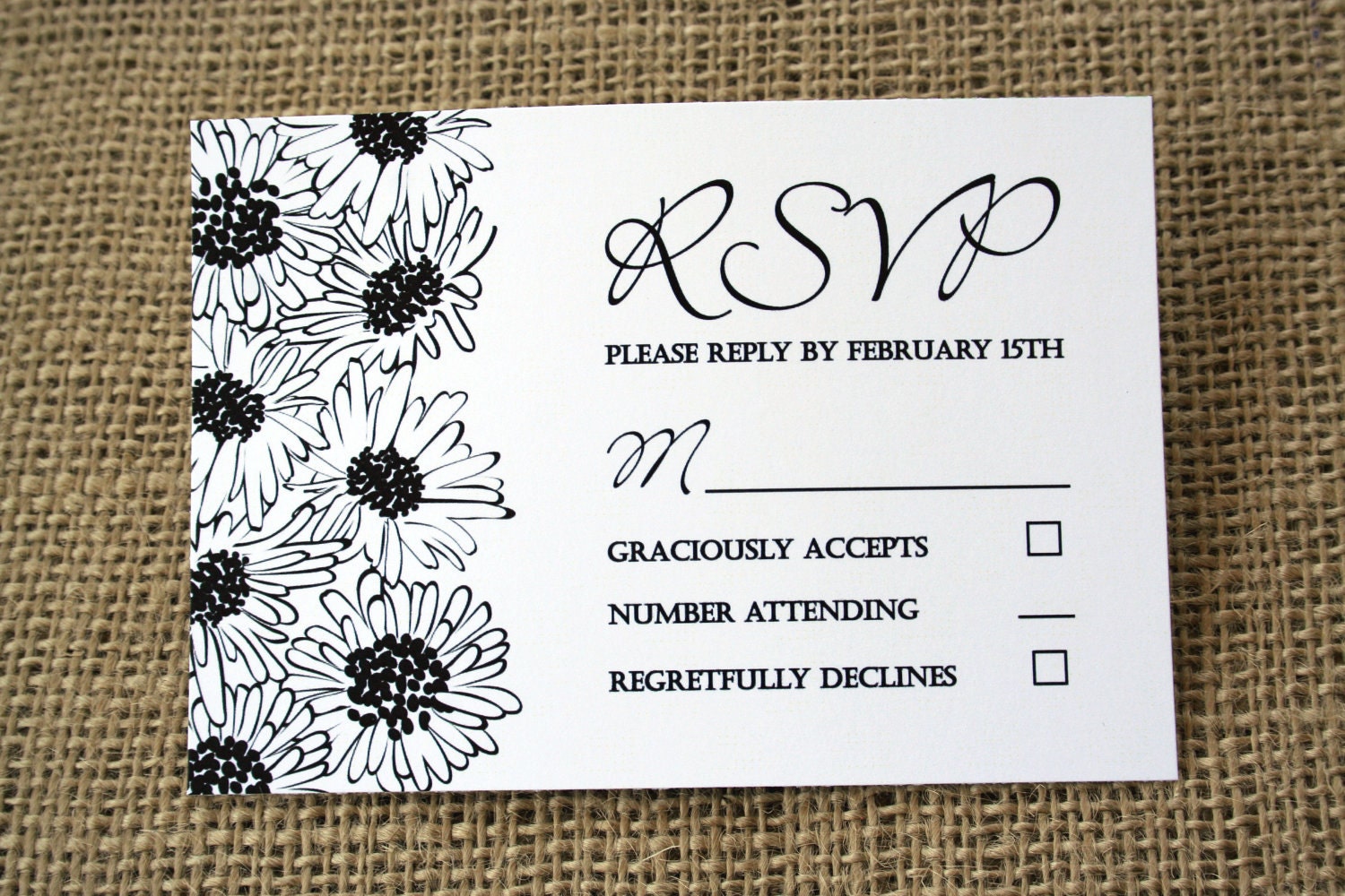Elegant Black and White Flowers Wedding Invitation Daisy or custom colors 