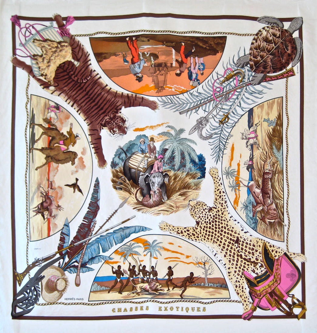 HERMÈS Chasses Exotiques by Philippe Ledoux Vintage Silk Scarf 1980