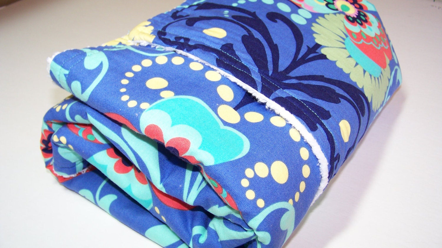 Chenille Baby Blanket , 32 x 35 Amy Butler Love Paradise Design in Periwinkle Blue with Floral Motif