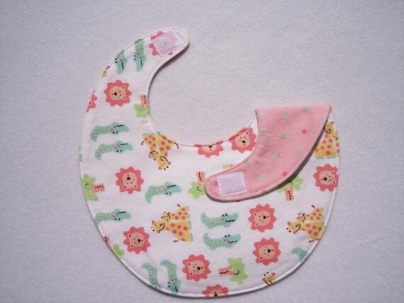 Baby bib, four soft layers, reversible, white with zoo amimals