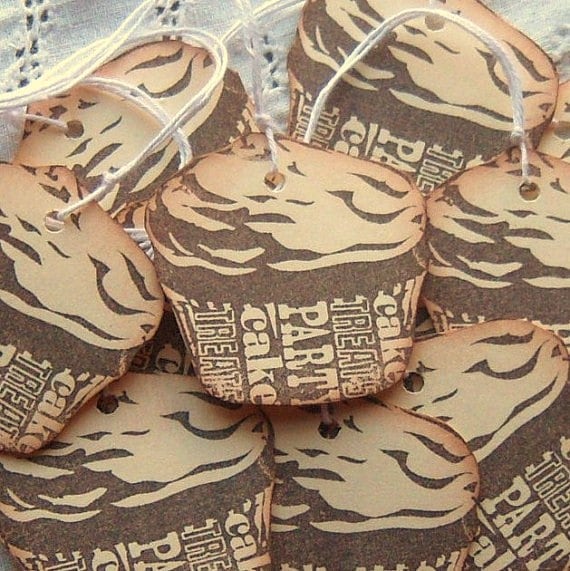 Chocolate Cupcake Shaped Hang Tags - Hand Stamped - Manila Cream, Brown, Subway Art Inspired