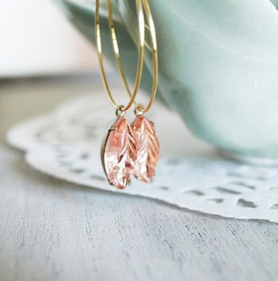 Pink Leaf Imprinted Vintage Rhinestone Hoop Earrings
