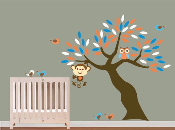 Boys Vinyl Wall Art Tree Decals - Nursery -Birds Owls Monkey