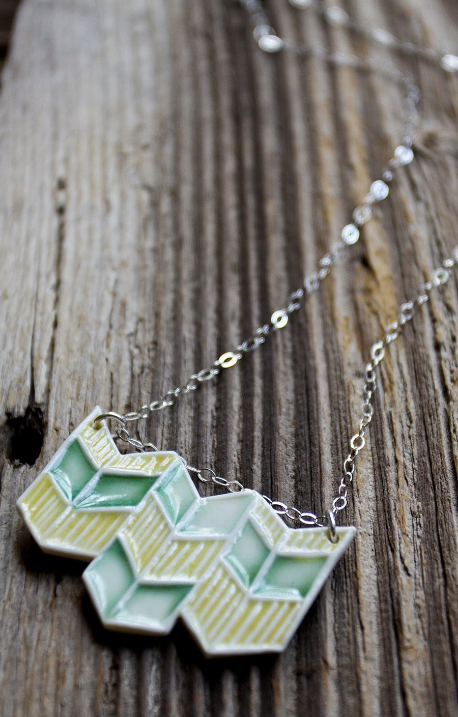 Yellow and Green Porcelain Chevron Necklace - Handmade Pottery